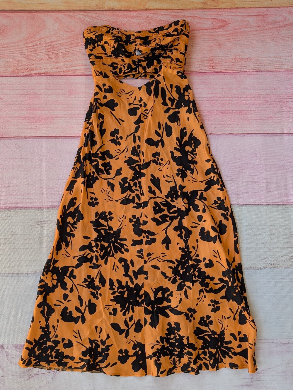 Shona Joy Orange Solare Strapless Cut Out Satin Ruched Dress 4US